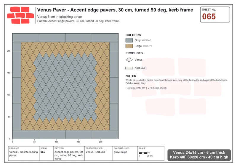 Interlock (Pasco) 24x15 cm · VEN-065 · Accent edge pavers, 30 cm, turned 90 deg, kerb frame · Laying plan
