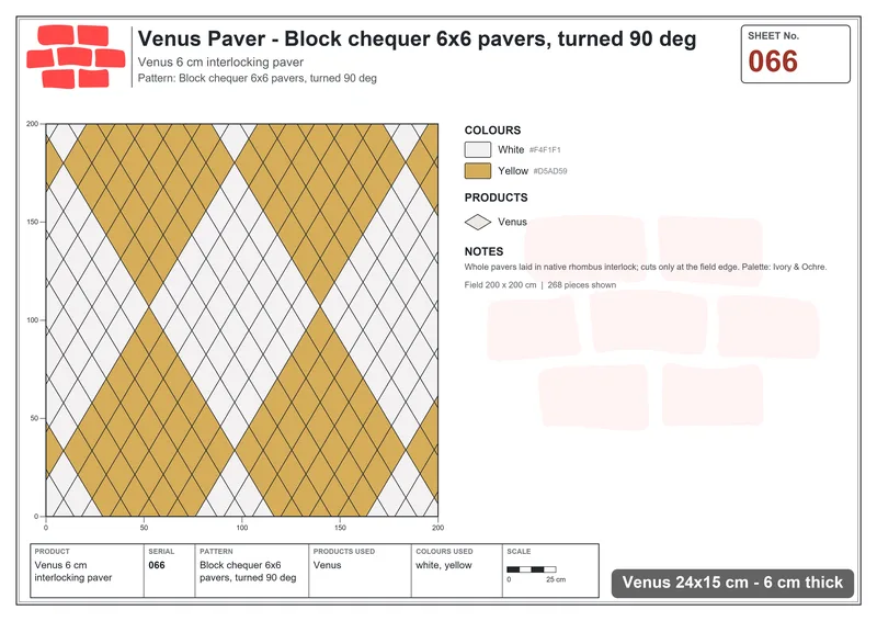 Interlock (Pasco) 24x15 cm · VEN-066 · Block chequer 6x6 pavers, turned 90 deg · Laying plan