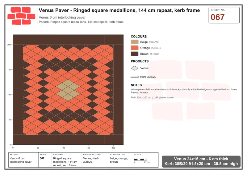 Interlock (Pasco) 24x15 cm · VEN-067 · Ringed square medallions, 144 cm repeat, kerb frame · Laying plan