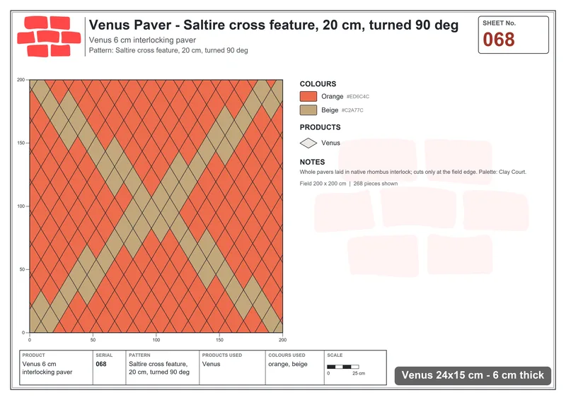 Interlock (Pasco) 24x15 cm · VEN-068 · Saltire cross feature, 20 cm, turned 90 deg · Laying plan