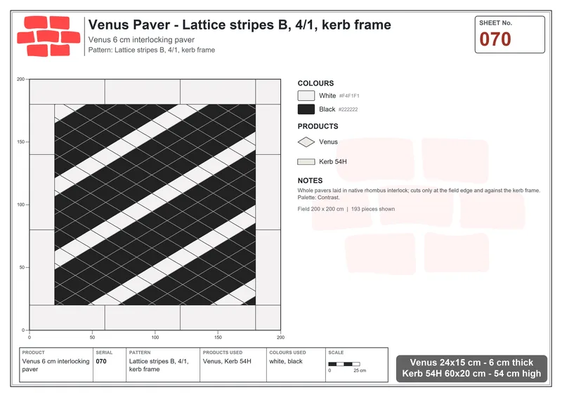 Interlock (Pasco) 24x15 cm · VEN-070 · Lattice stripes B, 4/1, kerb frame · Laying plan
