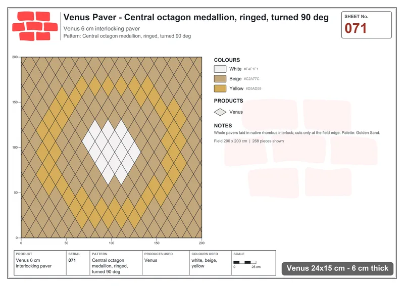 Interlock (Pasco) 24x15 cm · VEN-071 · Central octagon medallion, ringed, turned 90 deg · Laying plan