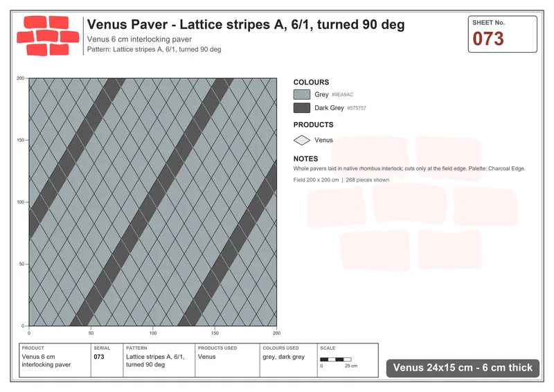 Interlock (Pasco) 24x15 cm · VEN-073 · Lattice stripes A, 6/1, turned 90 deg · Laying plan
