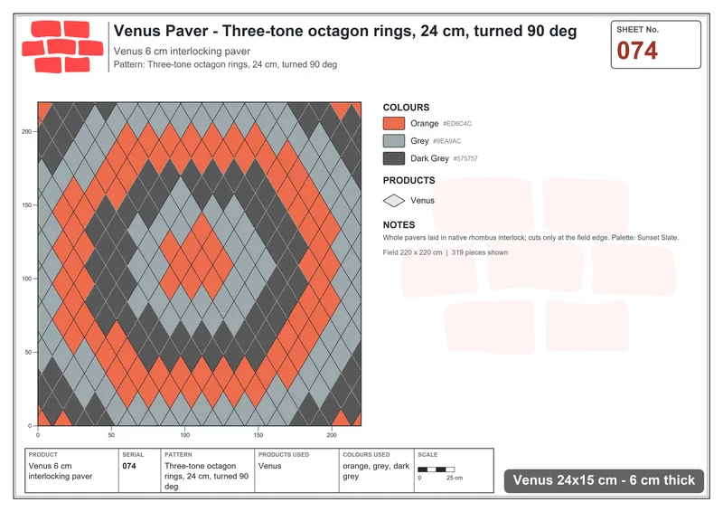 Interlock (Pasco) 24x15 cm · VEN-074 · Three-tone octagon rings, 24 cm, turned 90 deg · Laying plan
