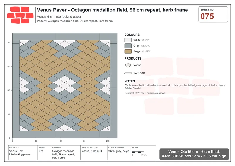 Interlock (Pasco) 24x15 cm · VEN-075 · Octagon medallion field, 96 cm repeat, kerb frame · Laying plan