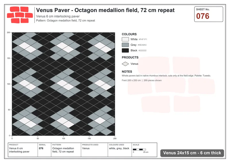Interlock (Pasco) 24x15 cm · VEN-076 · Octagon medallion field, 72 cm repeat · Laying plan