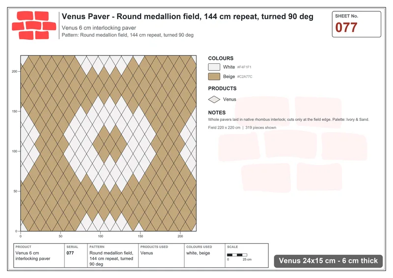 Interlock (Pasco) 24x15 cm · VEN-077 · Round medallion field, 144 cm repeat, turned 90 deg · Laying plan