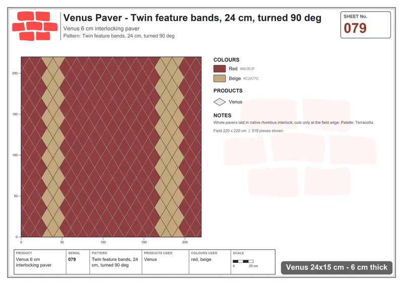 Interlock (Pasco) 24x15 cm · VEN-079 · Twin feature bands, 24 cm, turned 90 deg · Laying plan