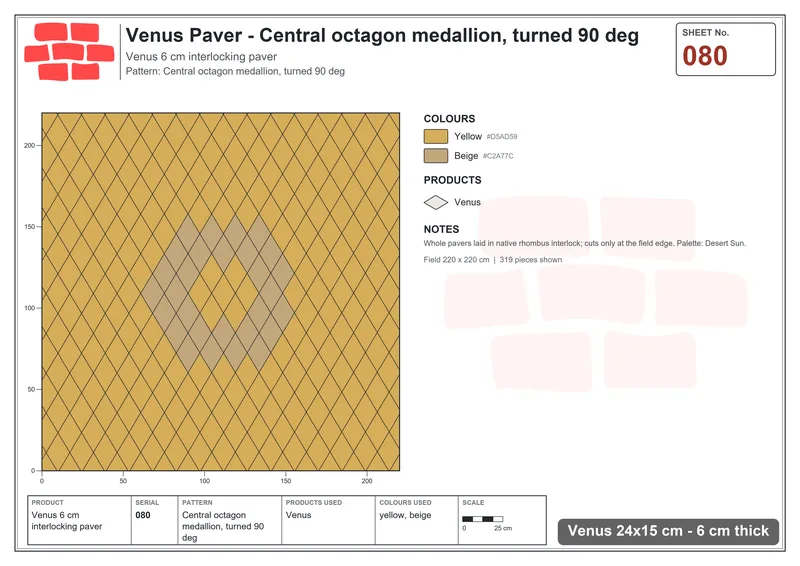 Interlock (Pasco) 24x15 cm · VEN-080 · Central octagon medallion, turned 90 deg · Laying plan