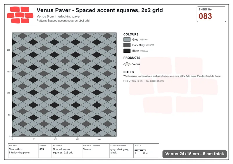 Interlock (Pasco) 24x15 cm · VEN-083 · Spaced accent squares, 2x2 grid · Laying plan