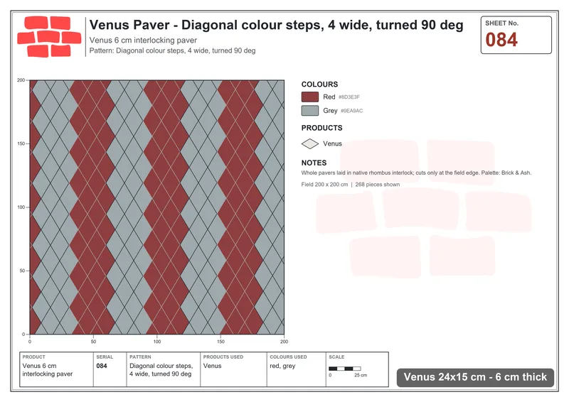 Interlock (Pasco) 24x15 cm · VEN-084 · Diagonal colour steps, 4 wide, turned 90 deg · Laying plan