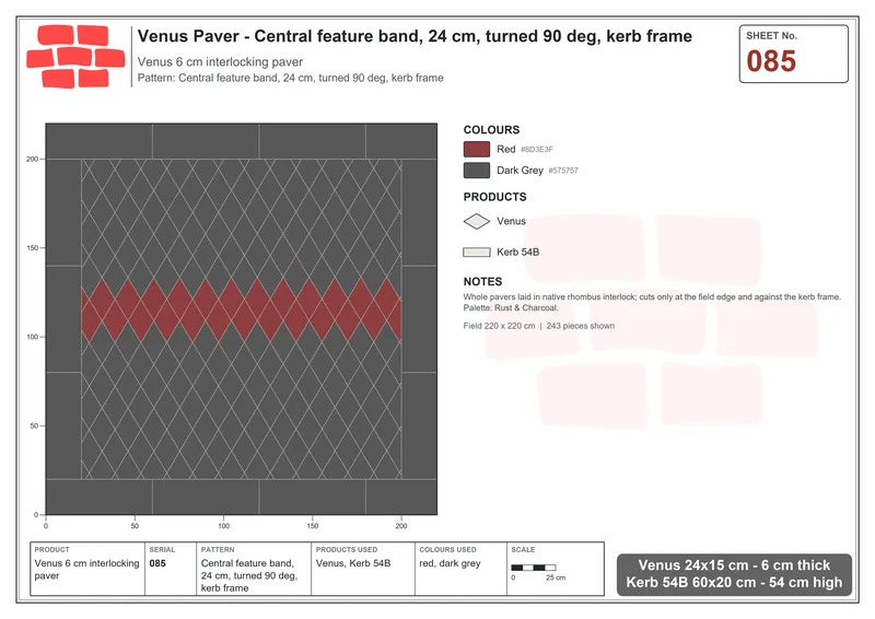Interlock (Pasco) 24x15 cm · VEN-085 · Central feature band, 24 cm, turned 90 deg, kerb frame · Laying plan