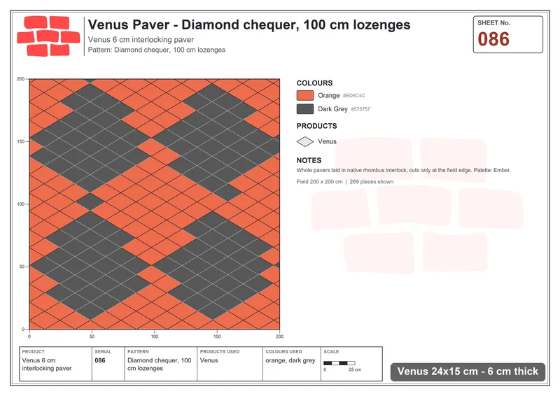 Interlock (Pasco) 24x15 cm · VEN-086 · Diamond chequer, 100 cm lozenges · Laying plan