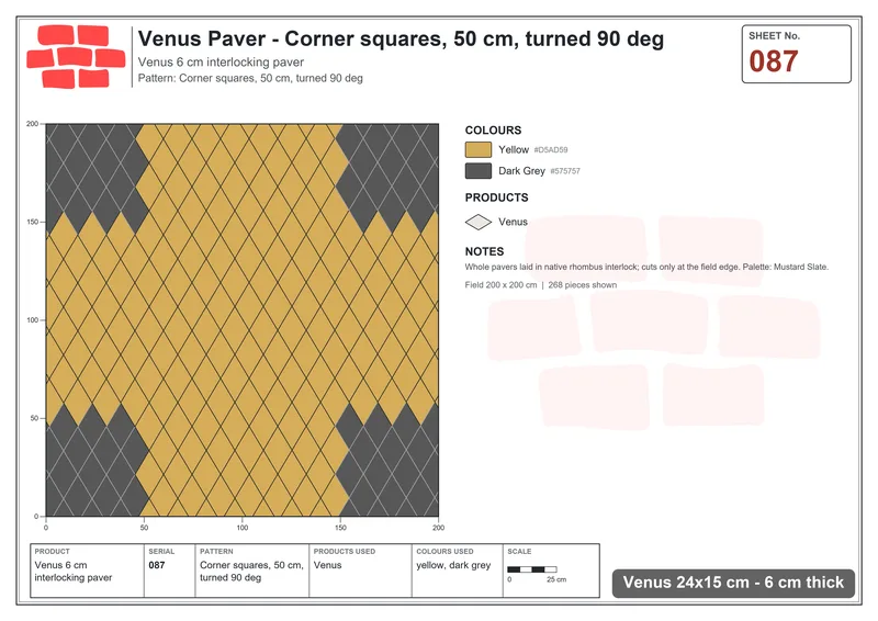 Interlock (Pasco) 24x15 cm · VEN-087 · Corner squares, 50 cm, turned 90 deg · Laying plan