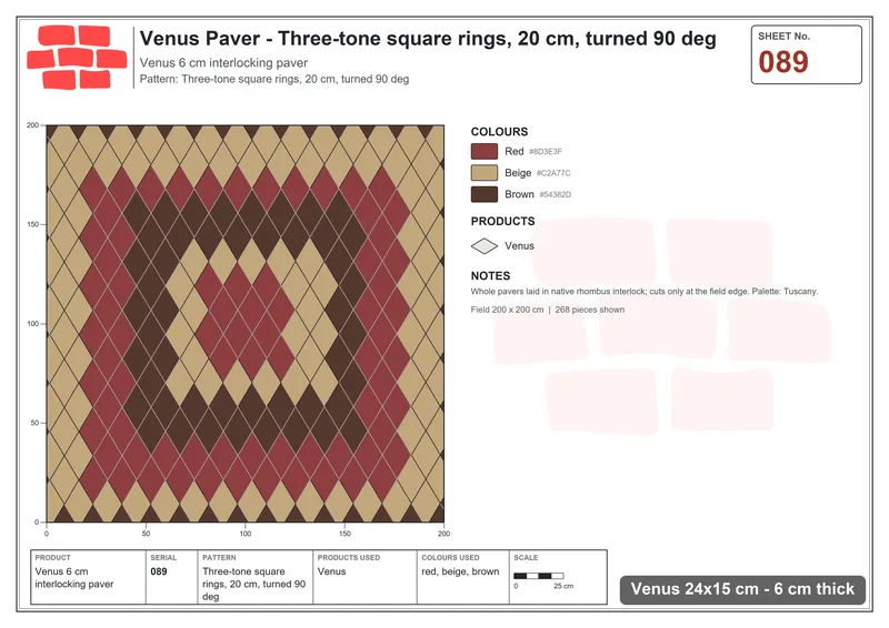 Interlock (Pasco) 24x15 cm · VEN-089 · Three-tone square rings, 20 cm, turned 90 deg · Laying plan