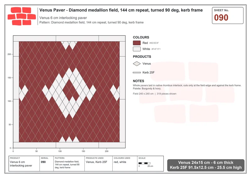 Interlock (Pasco) 24x15 cm · VEN-090 · Diamond medallion field, 144 cm repeat, turned 90 deg, kerb frame · Laying plan
