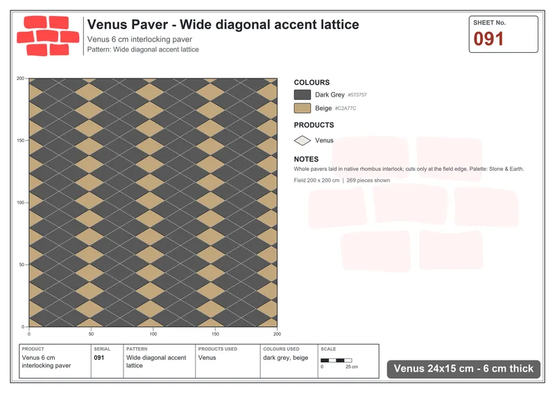 Interlock (Pasco) 24x15 cm · VEN-091 · Wide diagonal accent lattice · Laying plan