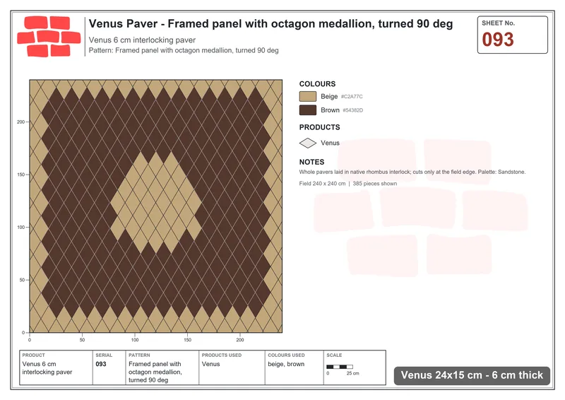Interlock (Pasco) 24x15 cm · VEN-093 · Framed panel with octagon medallion, turned 90 deg · Laying plan