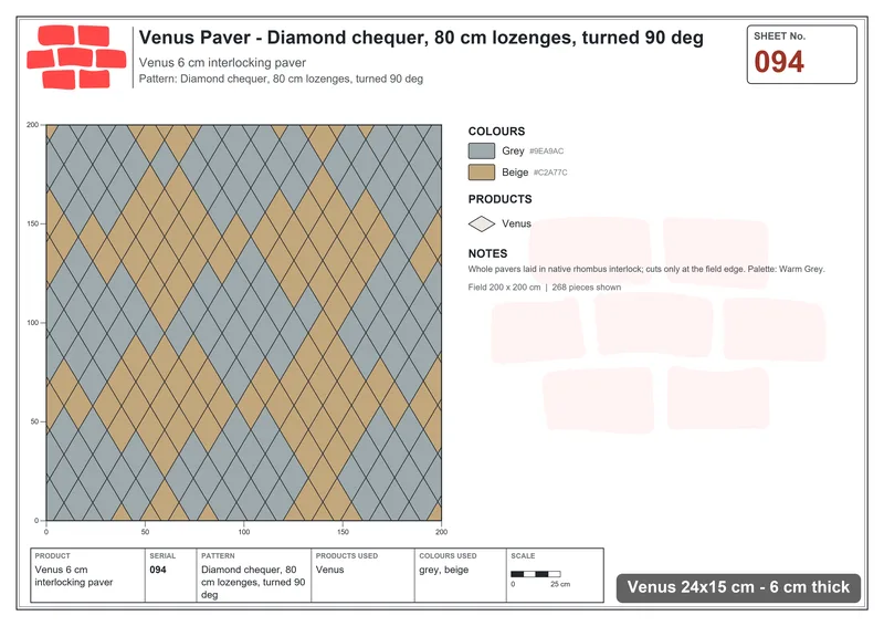 Interlock (Pasco) 24x15 cm · VEN-094 · Diamond chequer, 80 cm lozenges, turned 90 deg · Laying plan