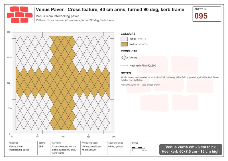 Interlock (Pasco) 24x15 cm · VEN-095 · Cross feature, 40 cm arms, turned 90 deg, kerb frame · Laying plan