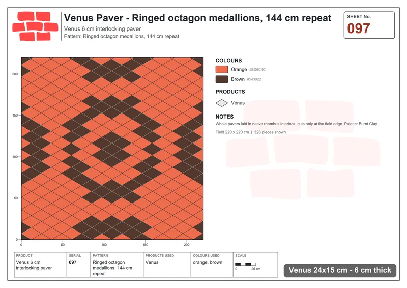 Interlock (Pasco) 24x15 cm · VEN-097 · Ringed octagon medallions, 144 cm repeat · Laying plan