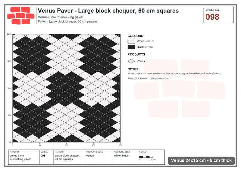 Interlock (Pasco) 24x15 cm · VEN-098 · Large block chequer, 60 cm squares · Laying plan