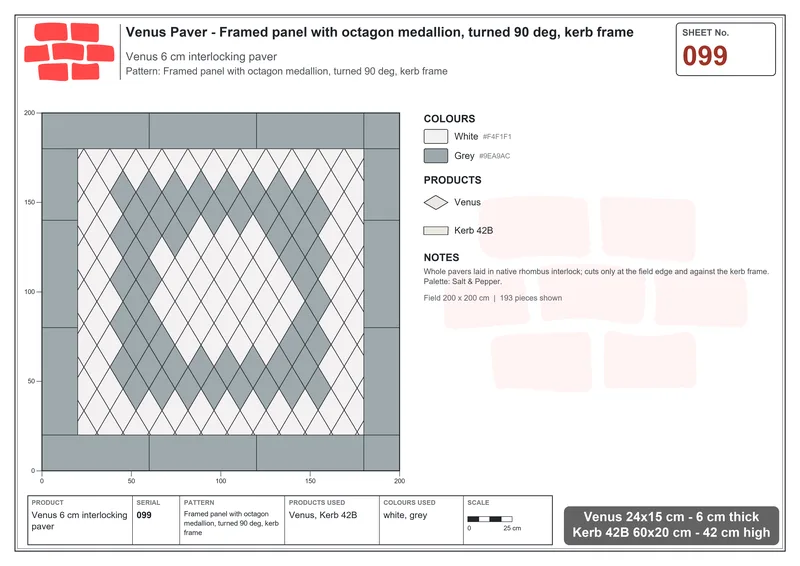 Interlock (Pasco) 24x15 cm · VEN-099 · Framed panel with octagon medallion, turned 90 deg, kerb frame · Laying plan