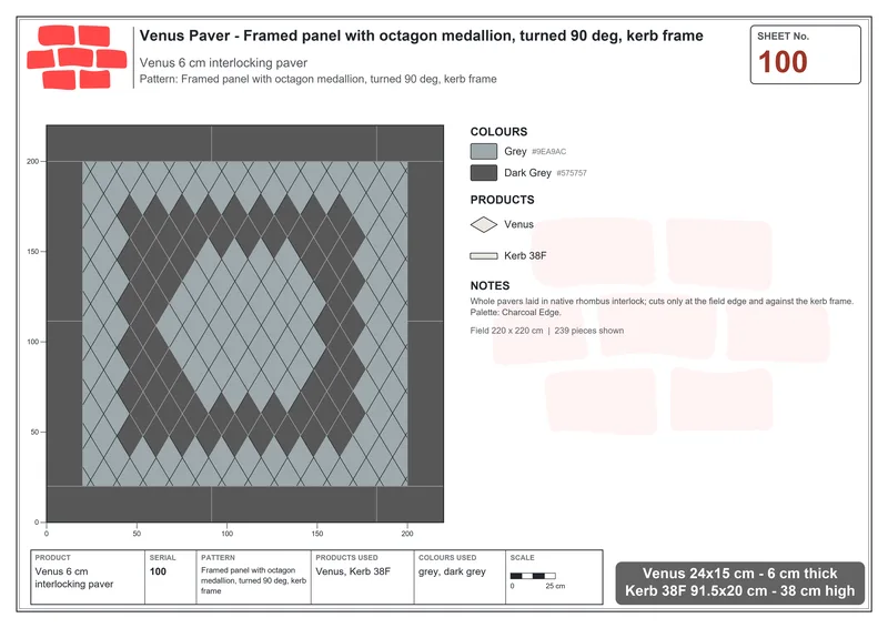 Interlock (Pasco) 24x15 cm · VEN-100 · Framed panel with octagon medallion, turned 90 deg, kerb frame · Laying plan