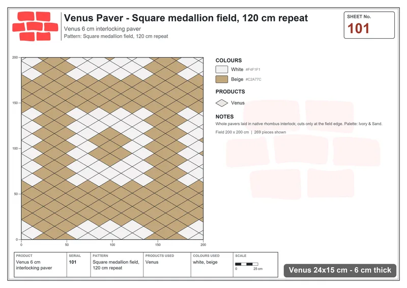 Interlock (Pasco) 24x15 cm · VEN-101 · Square medallion field, 120 cm repeat · Laying plan