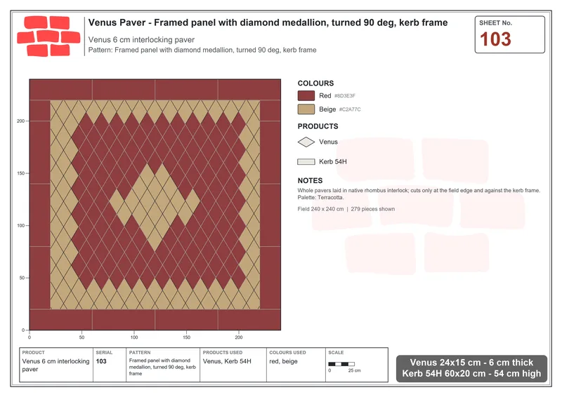 Interlock (Pasco) 24x15 cm · VEN-103 · Framed panel with diamond medallion, turned 90 deg, kerb frame · Laying plan