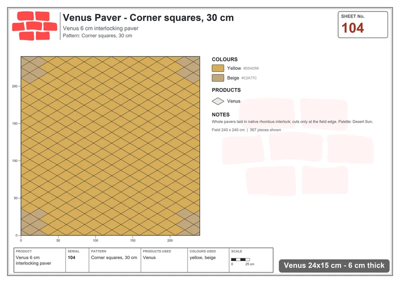 Interlock (Pasco) 24x15 cm · VEN-104 · Corner squares, 30 cm · Laying plan