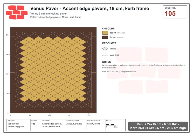 Interlock (Pasco) 24x15 cm · VEN-105 · Accent edge pavers, 18 cm, kerb frame · Laying plan