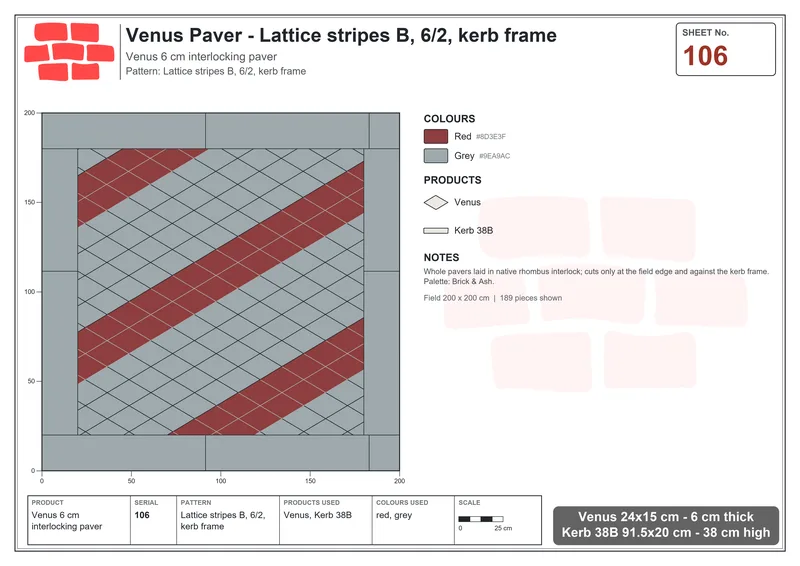 Interlock (Pasco) 24x15 cm · VEN-106 · Lattice stripes B, 6/2, kerb frame · Laying plan