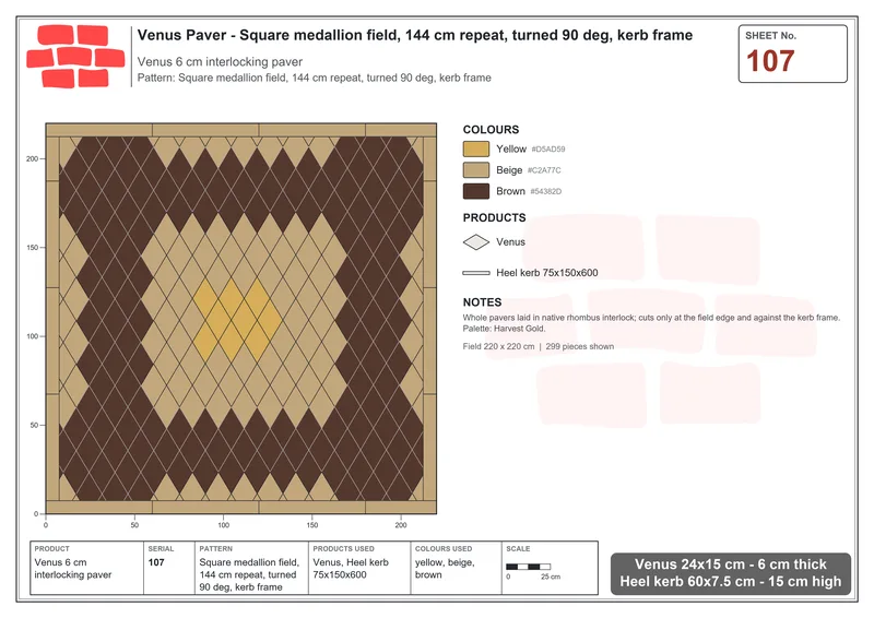 Interlock (Pasco) 24x15 cm · VEN-107 · Square medallion field, 144 cm repeat, turned 90 deg, kerb frame · Laying plan