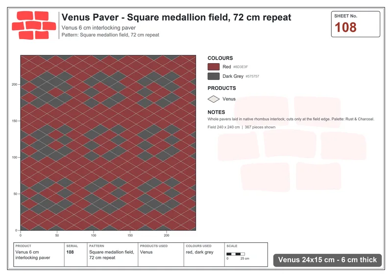 Interlock (Pasco) 24x15 cm · VEN-108 · Square medallion field, 72 cm repeat · Laying plan