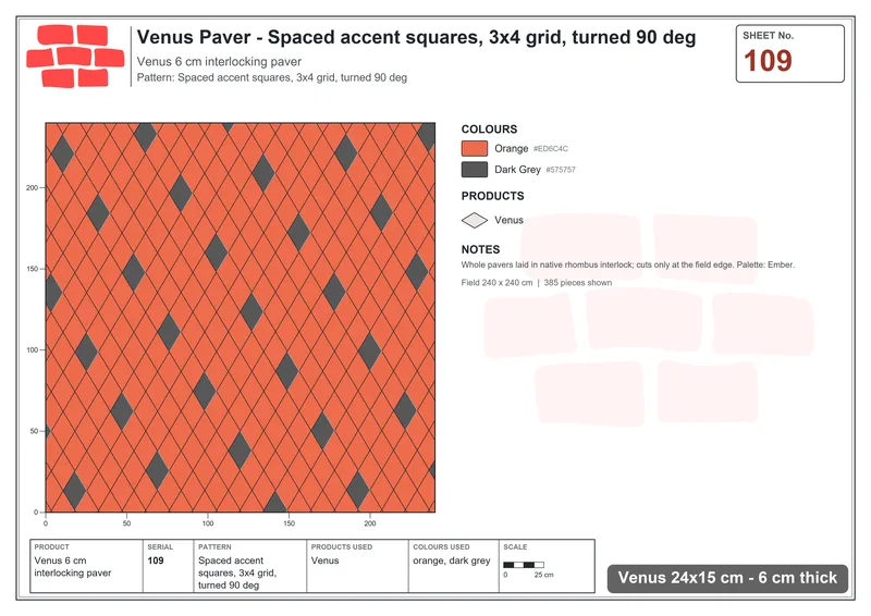 Interlock (Pasco) 24x15 cm · VEN-109 · Spaced accent squares, 3x4 grid, turned 90 deg · Laying plan