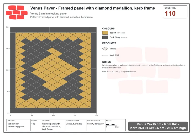 Interlock (Pasco) 24x15 cm · VEN-110 · Framed panel with diamond medallion, kerb frame · Laying plan