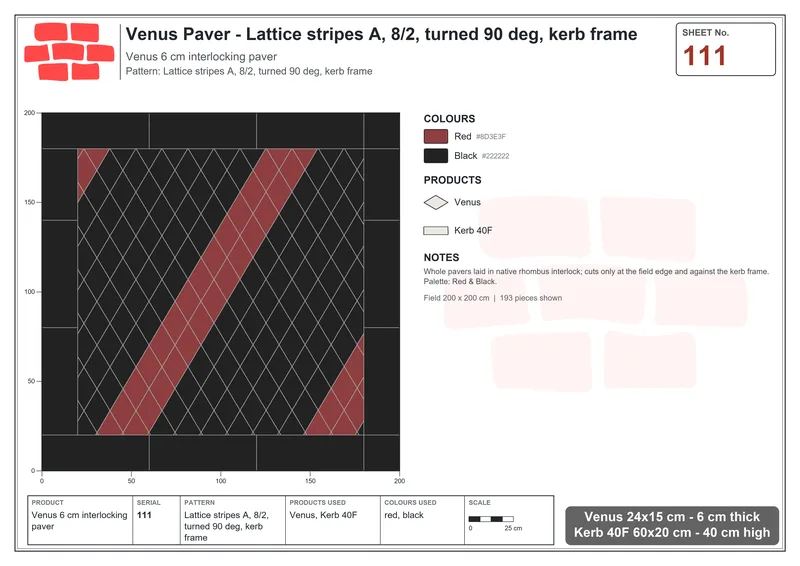 Interlock (Pasco) 24x15 cm · VEN-111 · Lattice stripes A, 8/2, turned 90 deg, kerb frame · Laying plan