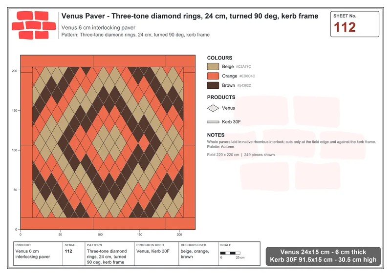 Interlock (Pasco) 24x15 cm · VEN-112 · Three-tone diamond rings, 24 cm, turned 90 deg, kerb frame · Laying plan