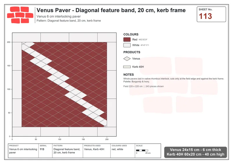 Interlock (Pasco) 24x15 cm · VEN-113 · Diagonal feature band, 20 cm, kerb frame · Laying plan