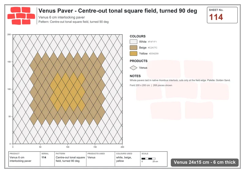 Interlock (Pasco) 24x15 cm · VEN-114 · Centre-out tonal square field, turned 90 deg · Laying plan
