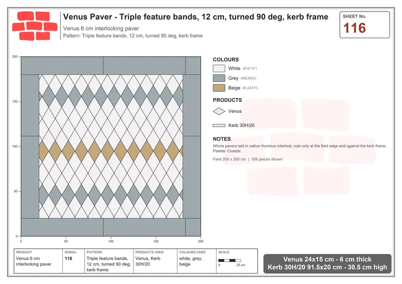 Interlock (Pasco) 24x15 cm · VEN-116 · Triple feature bands, 12 cm, turned 90 deg, kerb frame · Laying plan