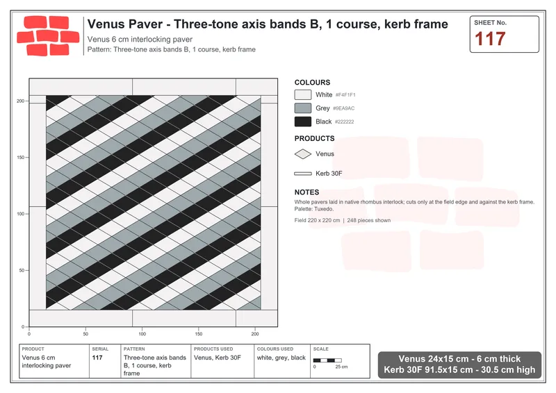 Interlock (Pasco) 24x15 cm · VEN-117 · Three-tone axis bands B, 1 course, kerb frame · Laying plan