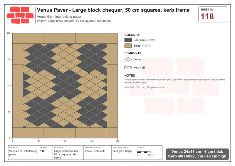 Interlock (Pasco) 24x15 cm · VEN-118 · Large block chequer, 50 cm squares, kerb frame · Laying plan