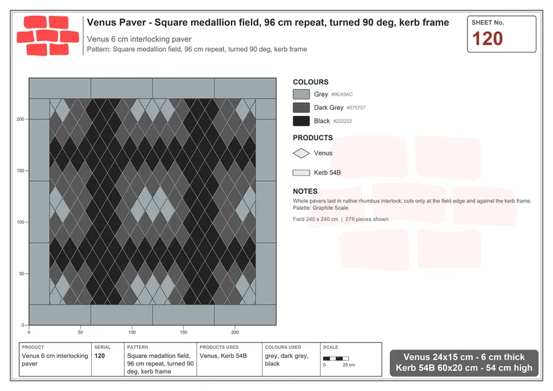 Interlock (Pasco) 24x15 cm · VEN-120 · Square medallion field, 96 cm repeat, turned 90 deg, kerb frame · Laying plan