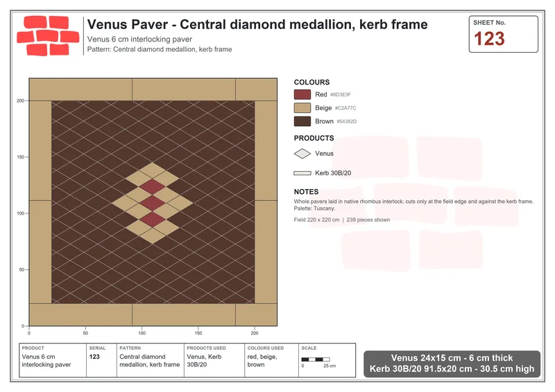Interlock (Pasco) 24x15 cm · VEN-123 · Central diamond medallion, kerb frame · Laying plan