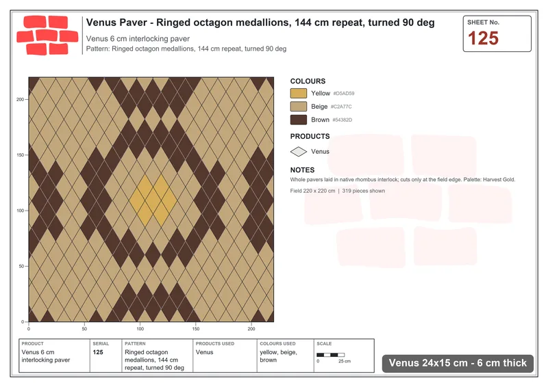 Interlock (Pasco) 24x15 cm · VEN-125 · Ringed octagon medallions, 144 cm repeat, turned 90 deg · Laying plan