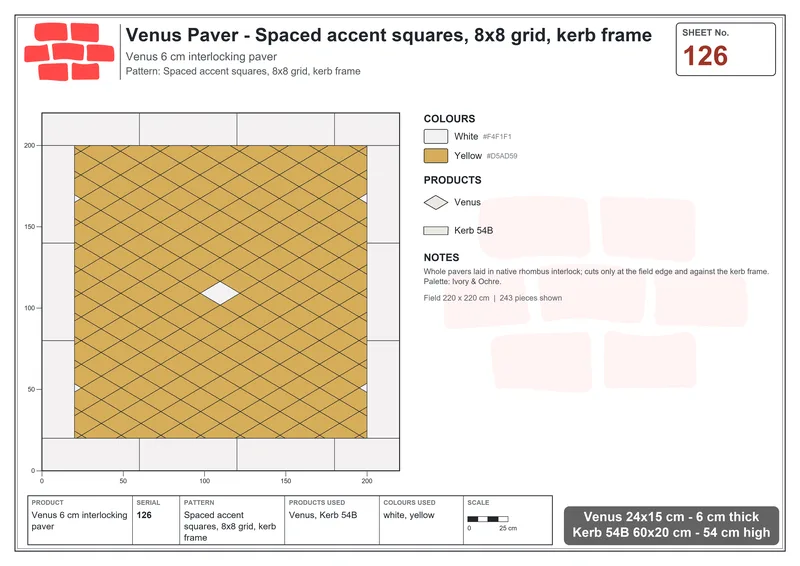Interlock (Pasco) 24x15 cm · VEN-126 · Spaced accent squares, 8x8 grid, kerb frame · Laying plan