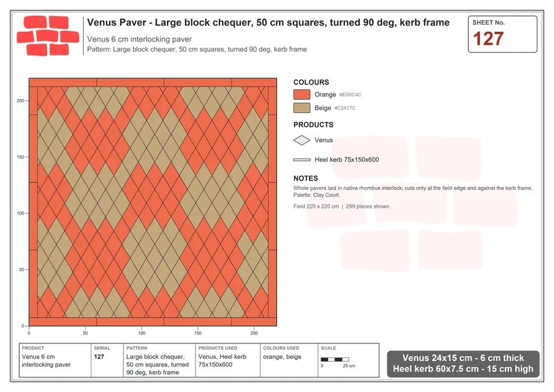 Interlock (Pasco) 24x15 cm · VEN-127 · Large block chequer, 50 cm squares, turned 90 deg, kerb frame · Laying plan
