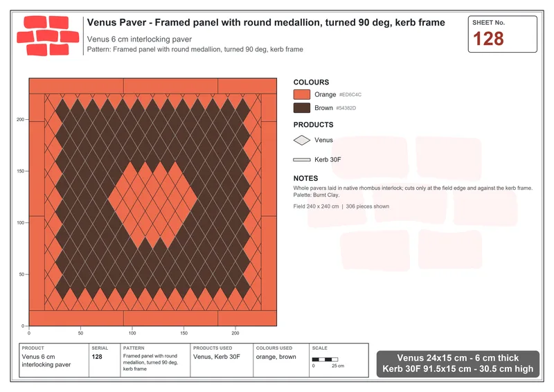 Interlock (Pasco) 24x15 cm · VEN-128 · Framed panel with round medallion, turned 90 deg, kerb frame · Laying plan